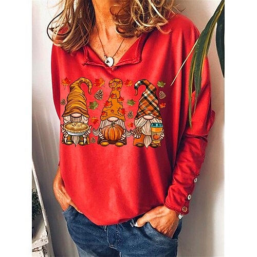 

Women's Pullover Casual Green Black Red Gnome Loose Fit Christmas V Neck Long Sleeve S M L XL XXL 3XL