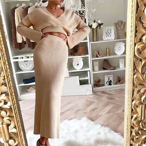 

Women's Sweater Set Jumper Ribbed Knit Knitted Pure Color Deep V Stylish Casual Outdoor Daily Fall Winter Green Gray S M L / Long Sleeve