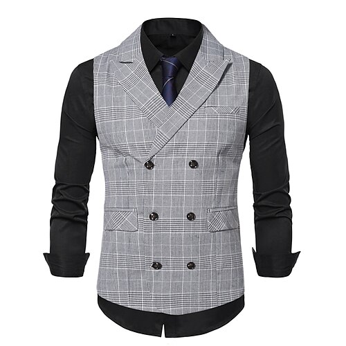 

Men's Casual Vest Plaid Regular Fit Peak Double Breasted Six-buttons Grey 2022