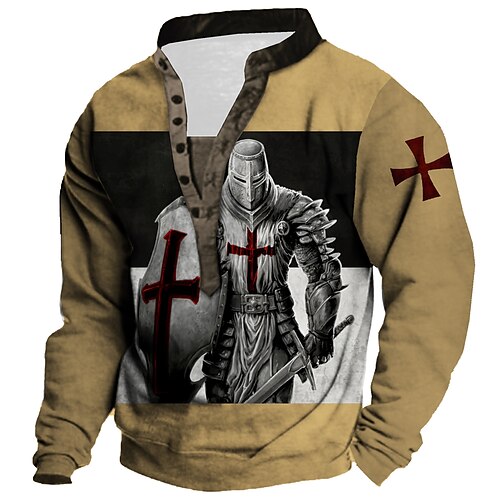 

Men's Unisex Sweatshirt Pullover Button Up Hoodie Brown Standing Collar Knights Templar Graphic Prints Print Casual Daily Sports 3D Print Streetwear Designer Casual Spring & Fall Clothing Apparel