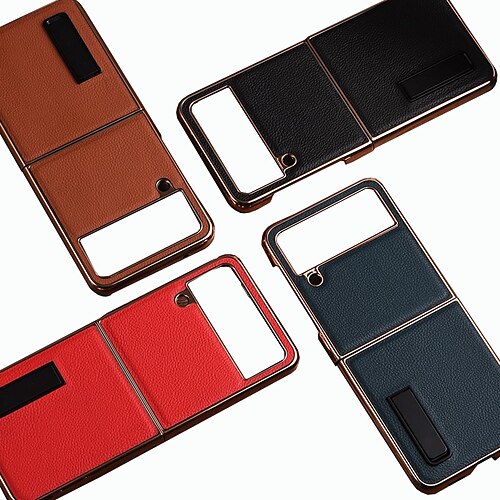 

Phone Case For Samsung Galaxy Flip Z Flip 4 Z Flip 3 Plating Flip Kickstand Solid Colored Genuine Leather
