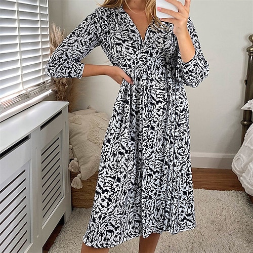 

Women's A Line Dress Midi Dress Black And White Long Sleeve Print Ruched Split Fall Winter Round Neck Casual 2022 S M L XL