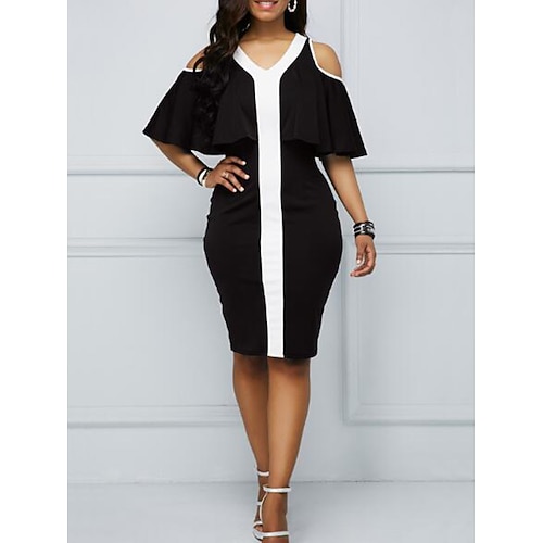 

Women's Blazer Dress Bodycon Knee Length Dress Black Half Sleeve Color Block Patchwork Cold Shoulder Spring Summer V Neck Stylish Casual 2022 S M L XL 2XL 3XL 4XL 5XL