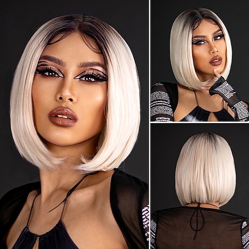 

White Brown Blonde Lace Hair Wigs Short Straight Bob Highlight Transparent Synthetic Lace Wig Cosplay Africa Women's Closure Wig