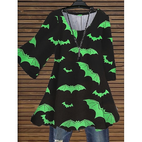 

Women's Plus Size Tops Blouse Shirt Pumpkin Bat Print 3/4 Length Sleeve Crewneck Casual Halloween Halloween Daily Cotton Spandex Jersey Fall Winter Green Yellow