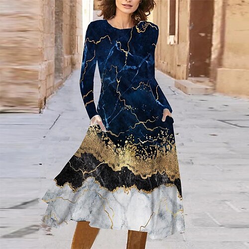 

Women's Casual Dress A Line Dress Midi Dress Navy Blue Long Sleeve Color Gradient Pocket Print Fall Winter Round Neck Casual Vacation 2022 S M L XL XXL 3XL
