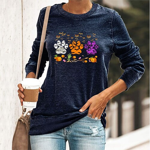 

Women's Basic Print Animal Halloween Basic Animals Round Neck Regular Spring & Fall Blue Yellow Dark Green Dark Blue Black