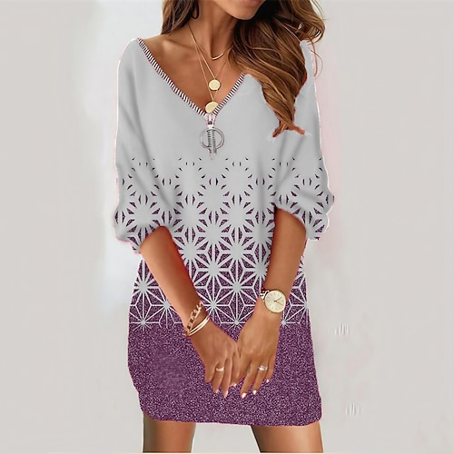 

Women's Christmas Sweatshirt Dress Winter Dress Short Mini Dress Green Blue Purple Gold Lavender Gray Long Sleeve Geometric Zipper Print Fall Winter V Neck Vacation Casual 2022 S M L XL XXL 3XL
