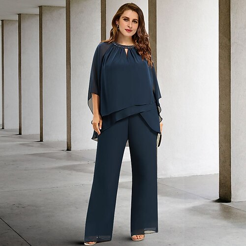 

Two Piece Jumpsuits Plus Size Curve Mother of the Bride Dresses Elegant Dress Formal Floor Length Half Sleeve Jewel Neck Chiffon with Beading Ruffles 2022