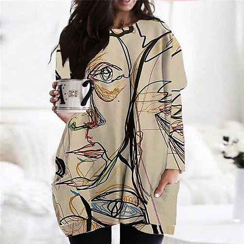 

Women's Plus Size Casual Dress Abstract Round Neck Long Sleeve Fall Winter Casual Short Mini Dress Causal Daily Dress