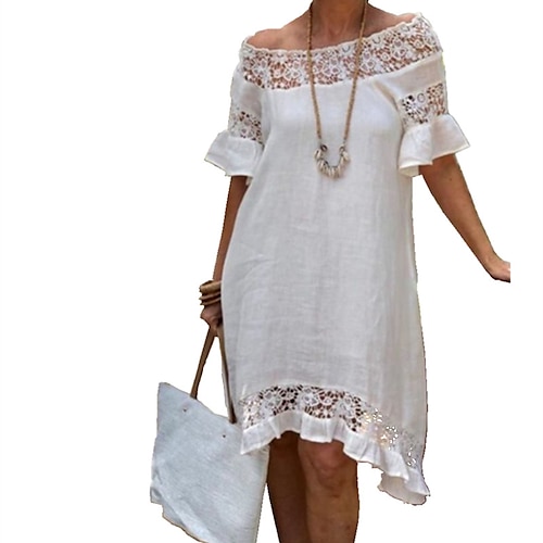 

Women's Lace Dress Shift Dress Midi Dress White Short Sleeve Pure Color Lace Winter Fall Autumn Off Shoulder Modern Weekend Loose Fit 2022 S M L XL XXL 3XL