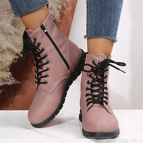 

Women's Boots Outdoor Office Daily Combat Boots Plus Size Booties Ankle Boots Winter Lace-up Flat Heel Round Toe Elegant Minimalism Walking Shoes PU Leather Zipper Solid Colored Dark Brown Black