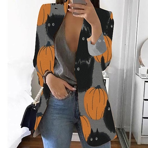 

Women's Blazer Breathable Comfortable Office Work Halloween Office / Career Print Open Front Turndown OL Style Elegant Office / career Halloween Cat Regular Fit Outerwear Long Sleeve Winter Fall