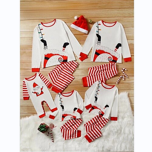 

Family Look Christmas Pajamas Santa Claus Striped Home White Long Sleeve Daily Matching Outfits