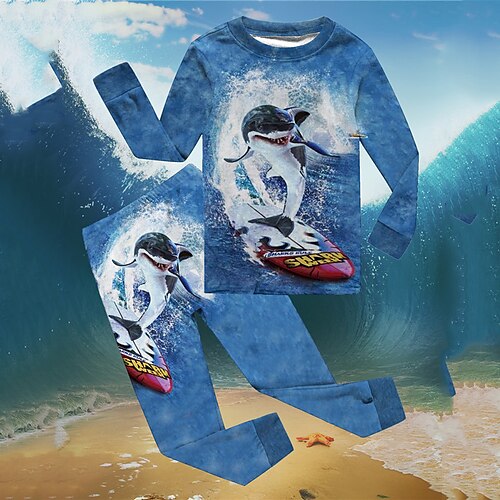 

2 Pieces Kids Boys T-shirt & Pants T-shirtSet Clothing Set Outfit Animal Shark Long Sleeve Print Set Street Sports Cool Winter Fall 3-12 Years Blue