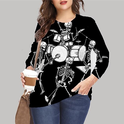 

Women's Plus Size Tops Pullover Sweatshirt Hoodie Sweatshirt Skull Print Long Sleeve Crewneck Casual Halloween Halloween Daily Microfiber Fall Winter Black