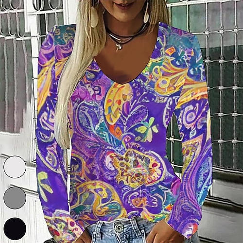 

Women's T shirt Tee Purple Graphic Graffiti Print Long Sleeve Casual Daily Vintage Round Neck Regular Painting S / 3D Print