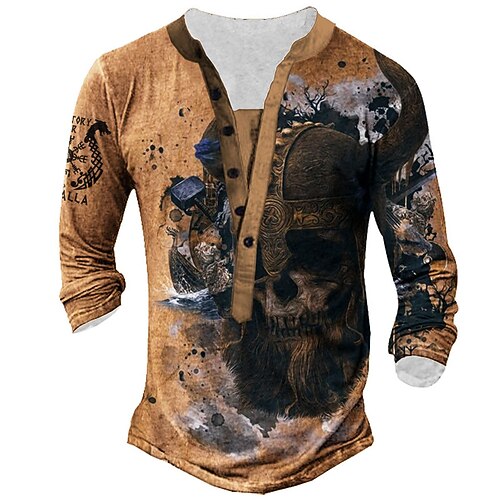 

Men's T shirt Tee Henley Shirt Tee Graphic Henley Brown 3D Print Plus Size Outdoor Daily Long Sleeve Button-Down Print Clothing Apparel Basic Designer Classic Comfortable / Sports