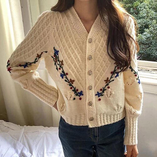 

Women's Cardigan Sweater Jumper Crochet Knit Embroidered Button Floral V Neck Stylish Vintage Style Outdoor Daily Winter Fall Navy Blue Beige One-Size / Long Sleeve / Casual / Regular Fit / Going out