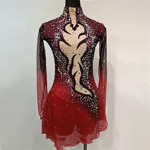 

Figure Skating Dress Women's Girls' Ice Skating Dress Burgundy Thumbhole Spandex High Elasticity Training Competition Skating Wear Handmade Crystal / Rhinestone Long Sleeve Ice Skating Figure Skating