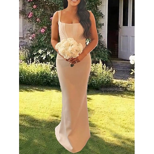 

Sheath / Column Bridesmaid Dress Square Neck Sleeveless Elegant Sweep / Brush Train Satin with Solid Color 2022