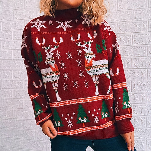 

Women's Ugly Christmas Sweater Pullover Sweater Jumper Ribbed Knit Knitted Elk Stand Collar Stylish Casual Outdoor Christmas Winter Fall Green Blue S M L