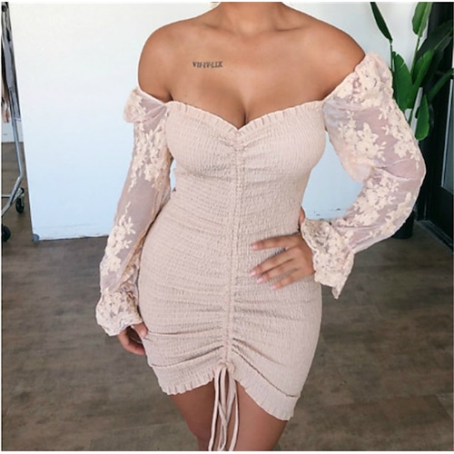 

Women's Bodycon Sheath Dress Short Mini Dress Pink Long Sleeve Pure Color Backless Ruched Lace up Fall Winter Off Shoulder Stylish Casual Modern 2022 S M L