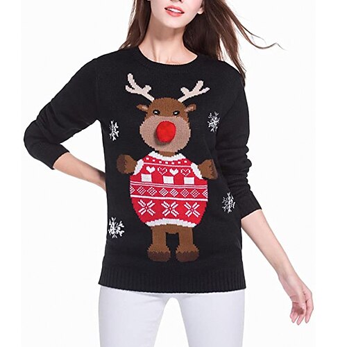 

Women's Pullover Jumper Ribbed Knit Knitted Animal Crew Neck Stylish Casual Christmas Daily Fall Winter Black S M L / Long Sleeve