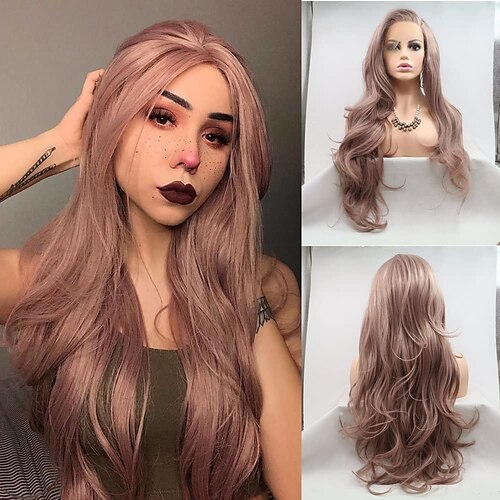 

Pink Lace Front Wigs Long Wavy Synthetic Wig with Side Parting Lavender Pink Wig Heat Resistant Fiber Wigs for Women