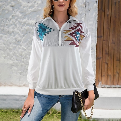 

Women's T shirt Tee Zipper Grid Pattern Basic Standard Spring Red White Black