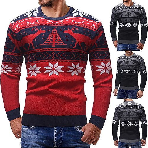 

Men's Ugly Sweater Pullover Sweater Ribbed Knit Cropped Knitted Christmas Tree Crew Neck Basic Stylish Outdoor Christmas Clothing Apparel Fall Winter Red Black M L XL / Cotton / Long Sleeve / Weekend