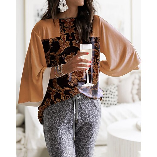 

Women's Blouse Shirt Pink Graphic Print Long Sleeve Daily Weekend Streetwear Casual Round Neck Regular Floral S / 3D Print
