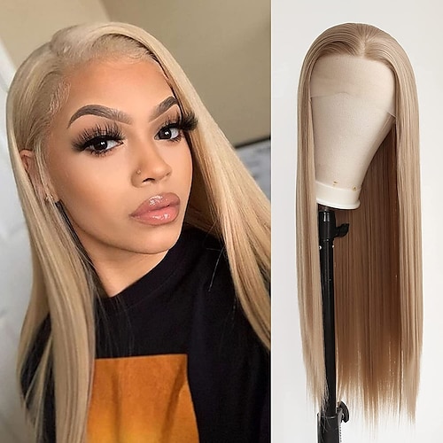 

Honey Blonde Light Brown Wig Long Straight Synthetic Lace Front Wig for Women Natural Middle Part Hand Tied Wig Cosplay Daily Wear Wig