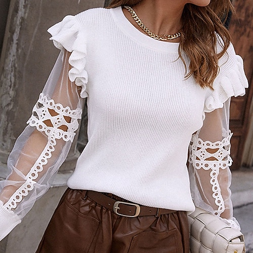 

Women's Pullover Sweater Jumper Crochet Knit Knitted Patchwork Pure Color Crew Neck Stylish Casual Daily Holiday Fall Winter White S M L / Cotton / Long Sleeve