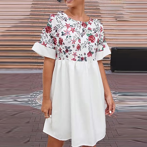 

Women's Casual Dress A Line Dress Short Mini Dress White Black Short Sleeve Floral Print Spring Summer Crew Neck Casual Mature Boho 2022 XS S M L XL XXL