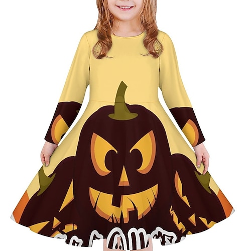 

Kids Little Girls' Dress Letter Pumpkin A Line Dress Halloween White Yellow Above Knee Long Sleeve Princess Sweet Dresses Halloween Fall Winter Regular Fit 3-12 Years