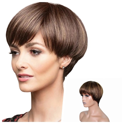 

Short Bob Wavy Wig With Bangs Full Machine No Lace Wigs For Women Brazilian Straight Cheap Light Brown Wig Human Hair Pixie Cut Wig