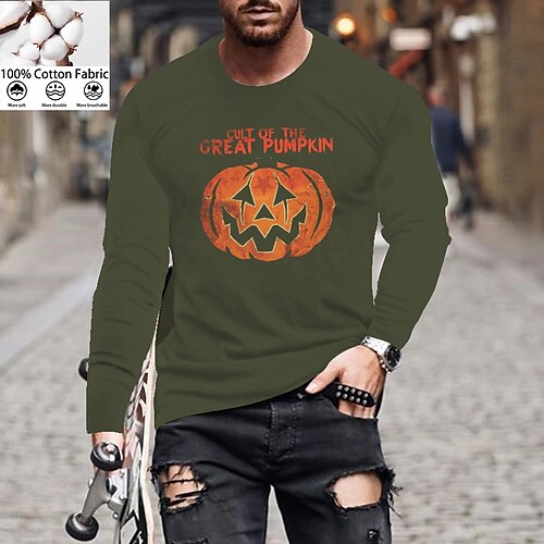 

Men's Unisex T shirt Tee Letter Pumpkin Crew Neck Green Navy Blue Gray Black Print Outdoor Street Long Sleeve Print Clothing Apparel Cotton Sports Designer Simple Casual