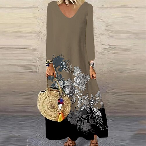 

Women's Casual Dress Shift Dress Maxi long Dress Gray Brown Long Sleeve Floral Print Fall Winter V Neck Vacation Casual 2022 XS S M L XL XXL 3XL 4XL 5XL 6XL / 3D Print