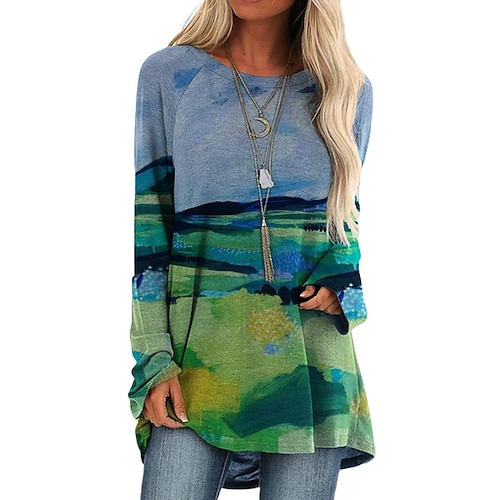 

Women's T shirt Tee Green Graphic Print Long Sleeve Casual Daily Basic Round Neck Regular Floral S / 3D Print