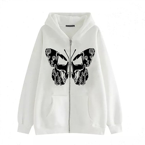 

Women's Casual Jacket Windproof Warm Outdoor Halloween Street Casual Zipper Pocket Print Zipper Hoodie Fashion Casual Street Style Butterfly Regular Fit Outerwear Long Sleeve Winter Fall Black Blue
