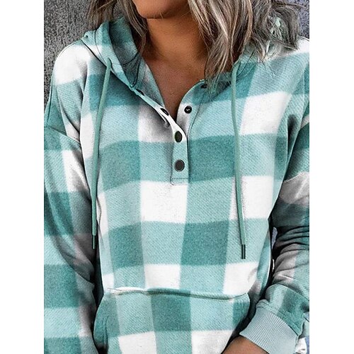 

Women's Hoodie Sweater Button Pocket Grid Pattern Basic Hooded Standard Spring Green