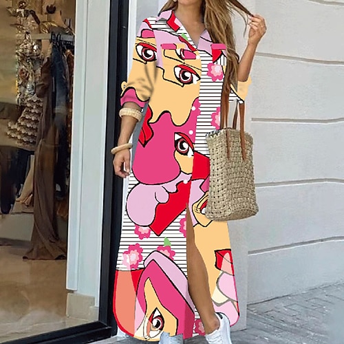 

Women's Shirt Dress Shift Dress Maxi long Dress Green Blue Pink Yellow Light Green Dark Green Long Sleeve Print Print Fall Winter Shirt Collar Casual 2022 S M L XL XXL