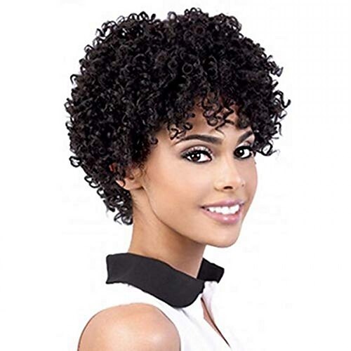 

Remy Human Hair Wig Short Afro Curly Pixie Cut Natural Black Adjustable Natural Hairline For Black Women Machine Made Capless Chinese Hair All Natural Black #1B 6 inch Daily Wear Party & Evening