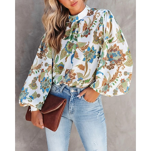 

Women's Blouse Shirt Green Leaf Floral Print Long Sleeve Daily Holiday Elegant Standing Collar Floral Lantern Sleeve S