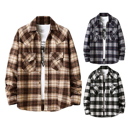 

Men's Flannel Shirt Plaid / Check Turndown Khaki Navy Blue Black Print Daily Holiday Long Sleeve Button-Down Clothing Apparel Casual Comfortable Pocket / Winter / Fall / Winter