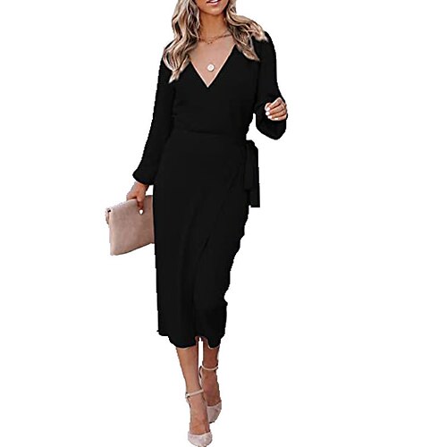 

Femme Robe Fourreau manche longue Hiver Automne - Mode Fendu Avec ceinture Couleur monochrome V Profond robe hiver robe automne Ample 2022 Vert Noir Kaki Blanche S M L XL XXL 3XL