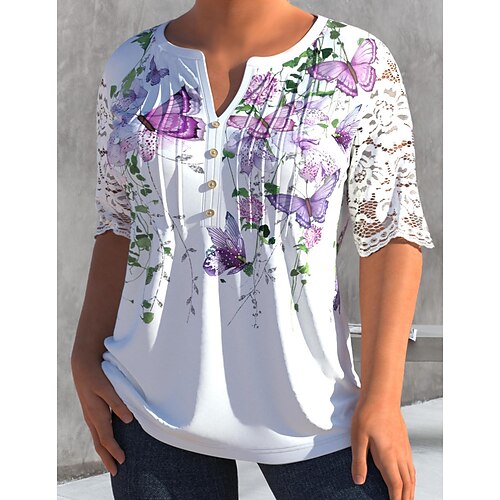 

Women's Plus Size Curve Tops T shirt Tee Floral Butterfly Ruched Print Half Sleeve V Neck Basic Vacation Weekend Cotton Spring Summer White