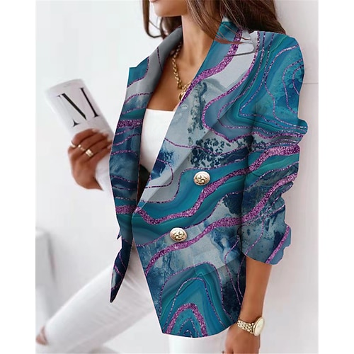 

Women's Blazer Breathable Formal Office Work with Pockets Print Double Breasted Turndown Elegant Formal Modern Office / career Color Gradient Regular Fit Outerwear Long Sleeve Winter Fall Light Blue