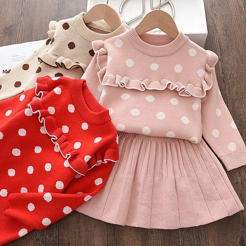 

Kids Toddler Girls' SkirtSet Clothing Set 2 Pieces Long Sleeve Pink Red Brown Polka Dot Pleated Ruffle Daily Sweet Regular 2-6 Years / Fall / Winter